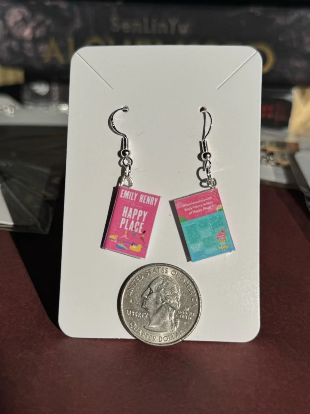 Emily Henry "Happy Place" Book Earrings in Pink - Picture 3 of 5
